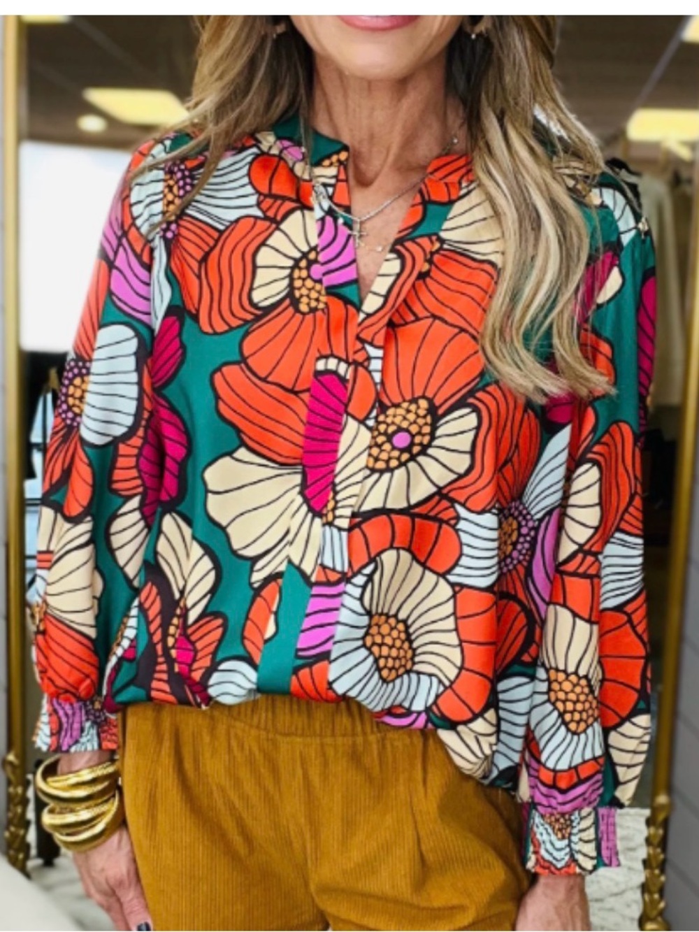 JODIFL Vibrant Floral Button-Front Blouse - Green/Pink/Orange SZ LARGE